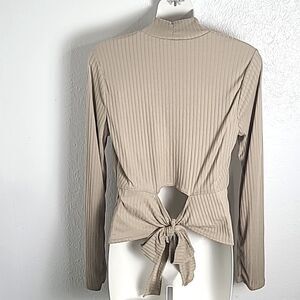 White Birch Tan Mock Turtleneck Ribbed Top, Tie & Cut-out in Back, Size Large